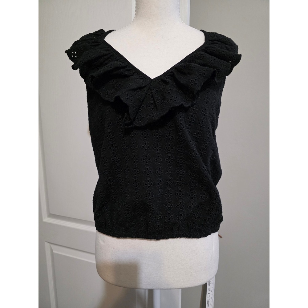 Express Womens Black Eyelet Ruffle Halter Top Large V-Neck Cotton Blend Boho